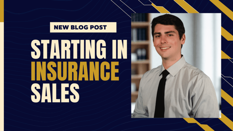 Thomas Walton smiling in front of a bookshelf background with the headline “Starting in Insurance Sales” beside him.